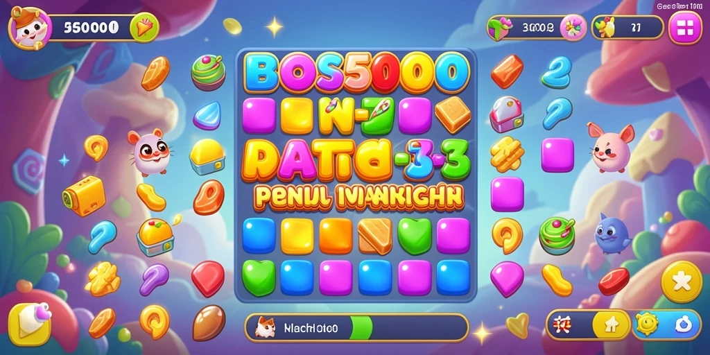 Screenshot gameplay seru dari BOS5000, menunjukkan kombinasi warna permainan Match-3.