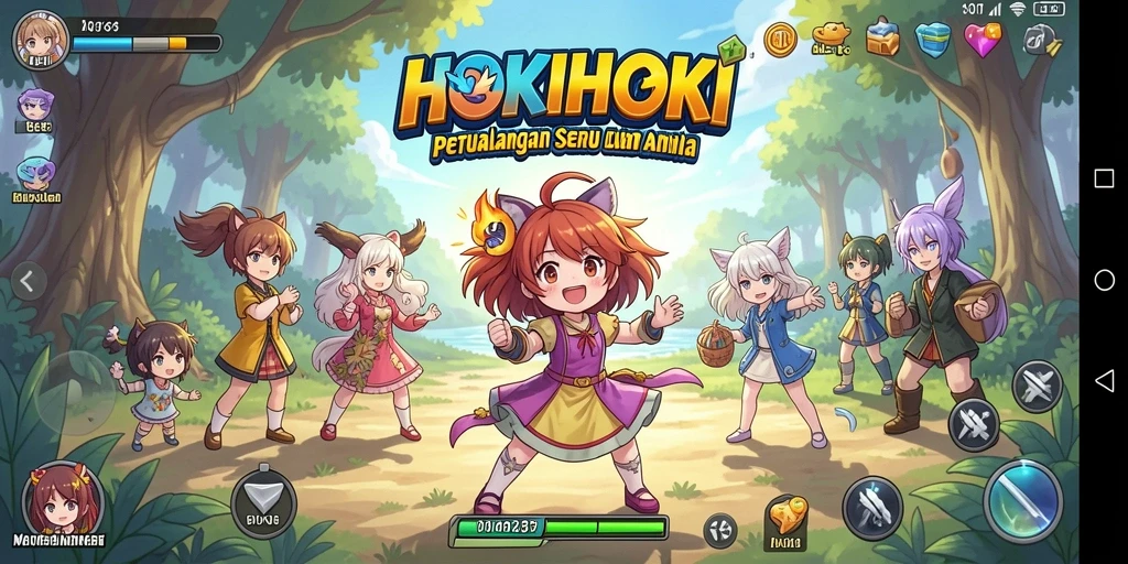 Screenshot gameplay HOKIHOKI dengan karakter anime yang menarik.