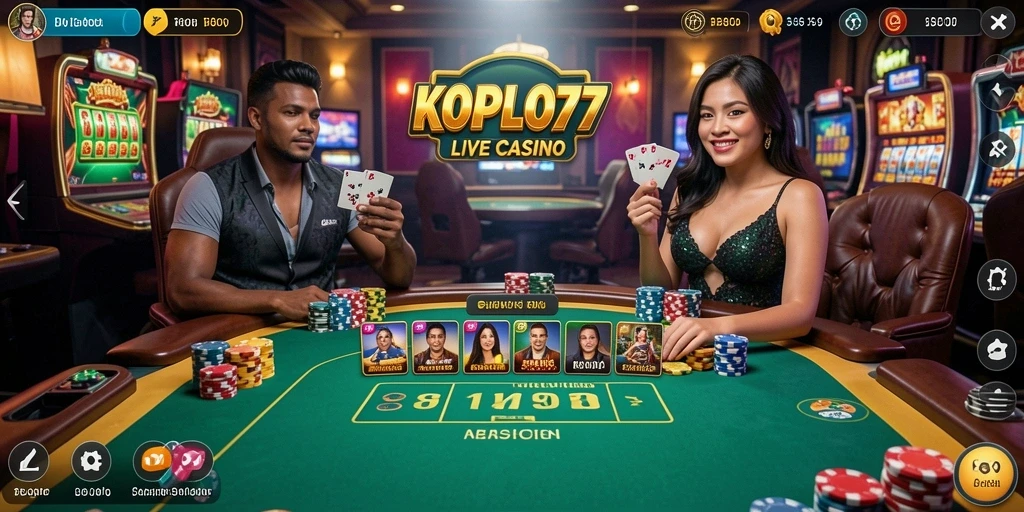 Screenshot gameplay KOPLO77 menampilkan dealer langsung dan suasana permainan yang intim.
