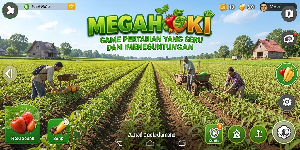 Tampilan gameplay MEGAHOKI yang menggambarkan suasana pertanian.