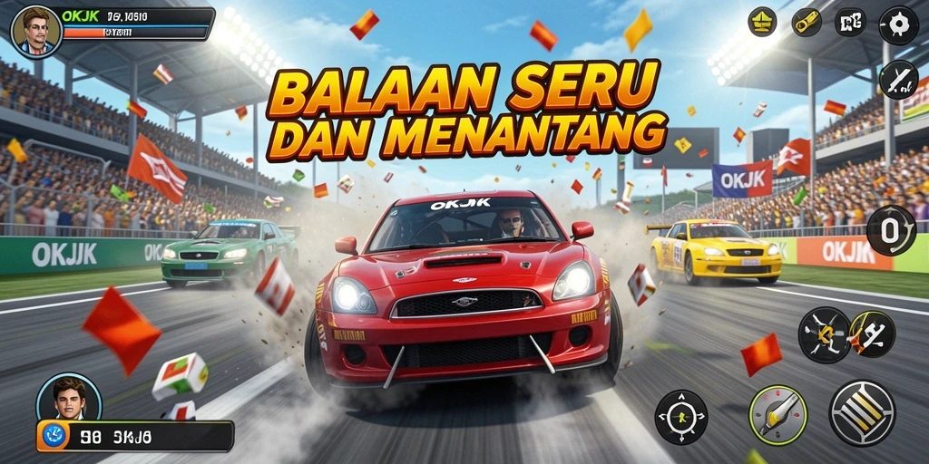 Tampilan gameplay seru dalam OKJK dengan aksi balapan yang mendebarkan.
