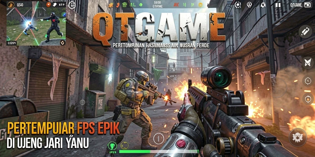 Tangkapan layar menunjukkan aksi intens dalam permainan FPS QTGAME.