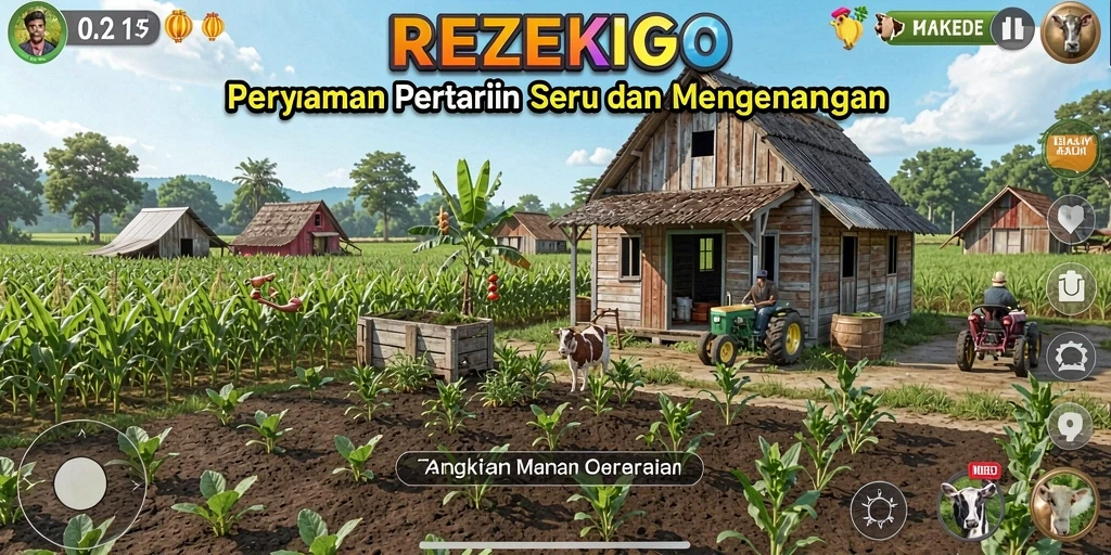 Tampilan gameplay <strong>REZEKIGO</strong> dengan latar belakang pertanian yang indah.