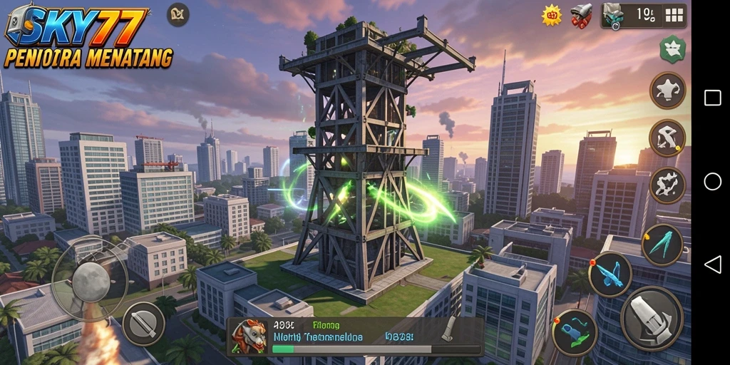 Tangkapan layar <strong>SKY77</strong> menunjukkan aksi menara pertahanan dalam pertempuran.