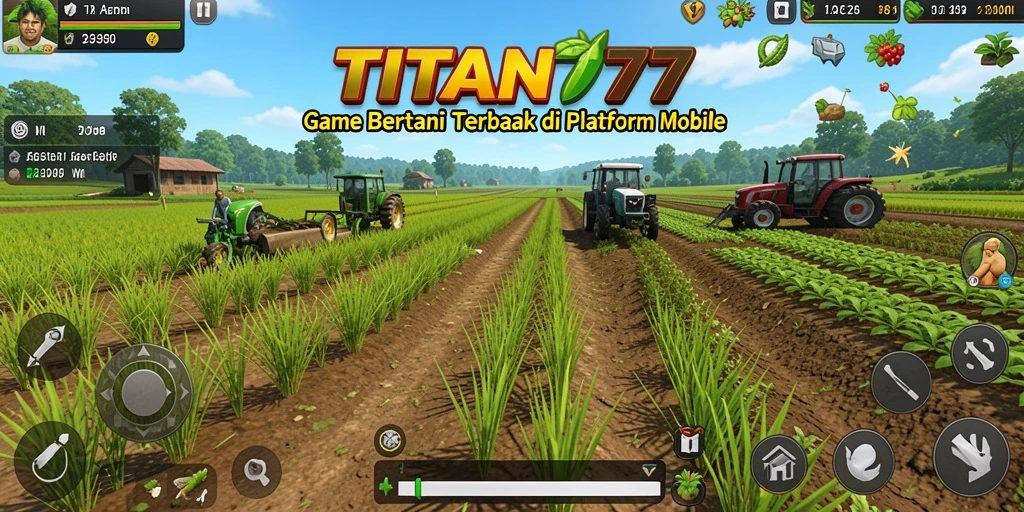 Screenshot gameplay <strong>TITAN777</strong> menampilkan ladang hijau subur dan aktivitas bertani yang seru.
