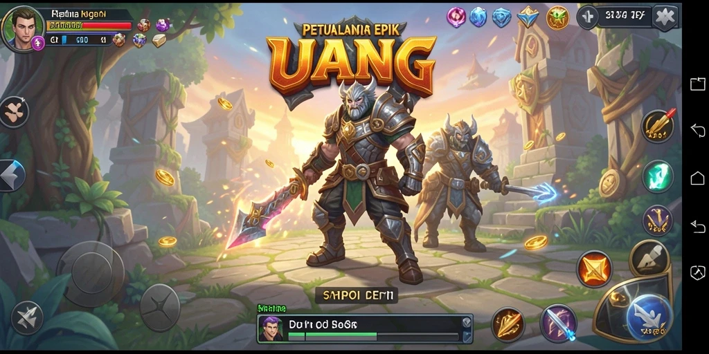 Screenshot gameplay UANG menampilkan pertempuran heroik dan grafis yang menawan.
